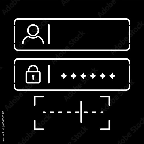 Minimalist dark mode login authentication UI icon with username field, password lock with hidden characters, and OTP verification code entry.