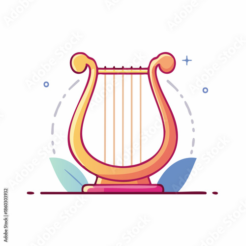 Elegant golden lyre musical instrument with strings and leaves.