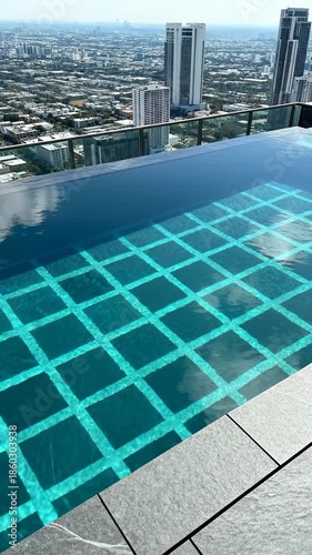 Rooftop infinity pool overlooking a sprawling city skyline during the day