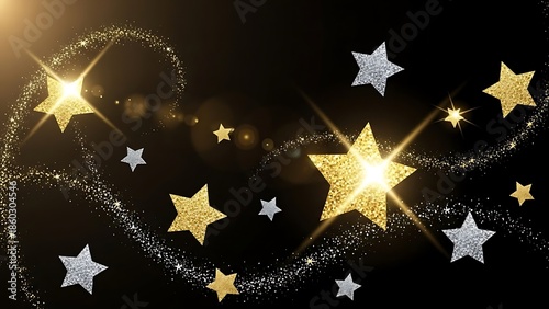 Sparkling gold and silver stars shining bright on black background with glittering trails