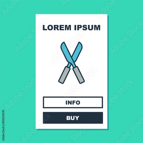 Filled outline Gardening handmade scissors for trimming icon isolated on turquoise background. Pruning shears with wooden handles. Vector