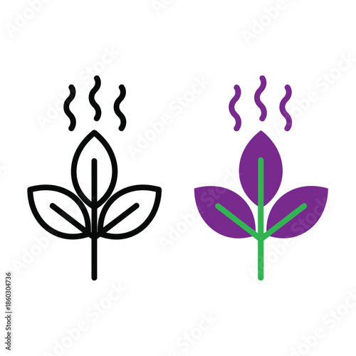 A visual comparison of a plant leaf in outline and filled purple styles with rising steam
