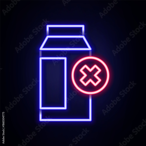Glowing neon line Lactose intolerance icon isolated on brick wall background. Not allow milk. Allergy concept, lactose intolerance allergy warning sign. Colorful outline concept. Vector