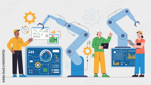 engineers working with robotic arms in a smart factory vector illustration