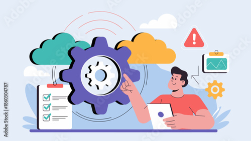 man managing a cloud-based system with a gear icon vector illustration