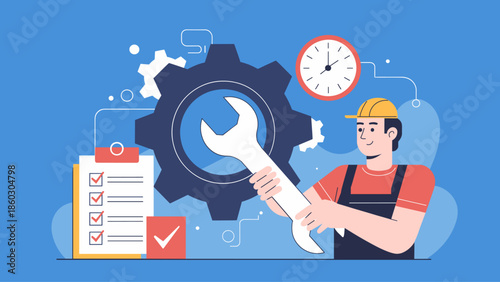 technician with a wrench performing scheduled maintenance vector illustration