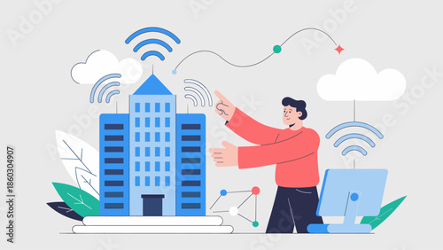 man interacting with a smart building connected to a cloud network