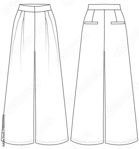Women Wide Leg Pants Technical Flat Vector Illustration Front and Back View