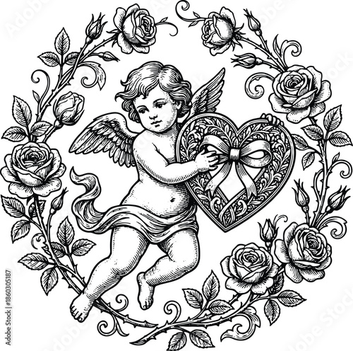 Wallpaper Mural Vintage Cherub Angel Holding Heart with Roses – Romantic Engraving Illustration Vector Torontodigital.ca