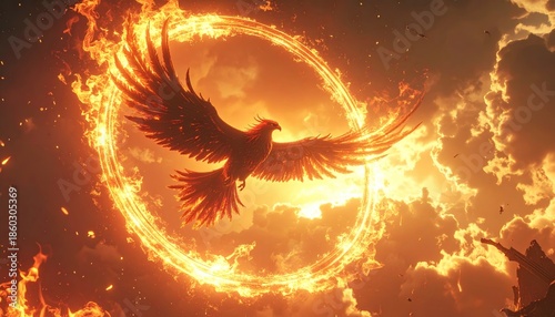 Fiery Phoenix Rising from Flames.
