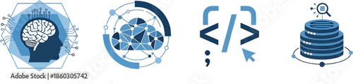 A set of modern flat icons representing Artificial Intelligence, Cloud Computing, Programming, and Database management for software development and tech infographics.