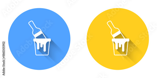 White Paint bucket with brush icon isolated with long shadow background. Circle button. Vector