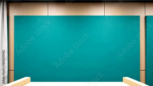 Empty wooden presentation podium or lectern on a stage with a large turquoise backdrop and white curtain