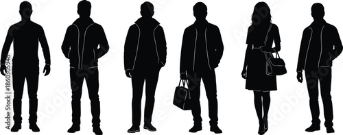 Collection of modern people silhouettes, men and women standing poses, casual fashion outfits, urban lifestyle figures, vector illustration set for design projects