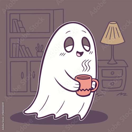 Content friendly ghost character holding warm steaming mug comfortably indoors near furniture and bedside table with soft ambient light