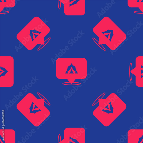 Red Circus tent icon isolated seamless pattern on blue background. Carnival camping tent. Amusement park. Vector