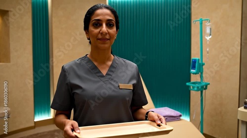 Female medical staff in scrubs holds a tray in a clean, modern treatment room with an infusion stand
