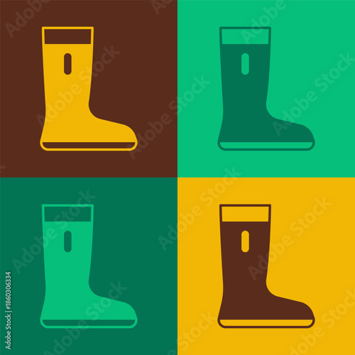 Pop art Waterproof rubber boot icon isolated on color background. Gumboots for rainy weather, fishing, gardening. Vector