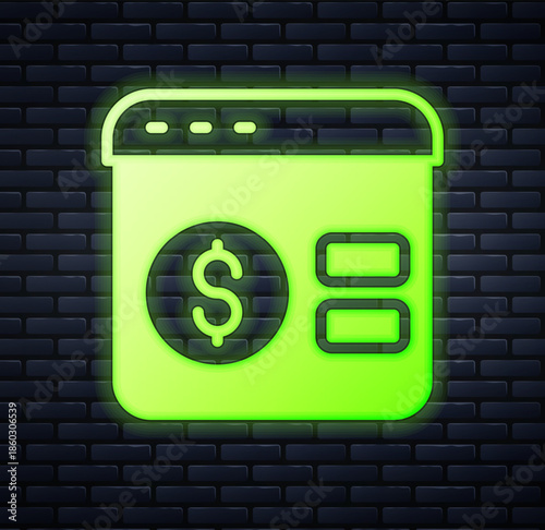 Glowing neon Online poker table game icon isolated on brick wall background. Online casino. Vector
