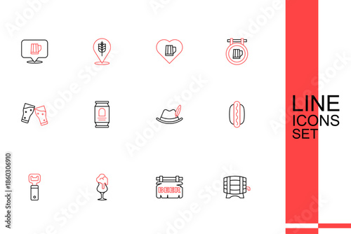 Set line Wooden barrel on rack, Street signboard with Beer, Glass of beer, Bottle opener, Hotdog sandwich, Oktoberfest hat, can and icon. Vector