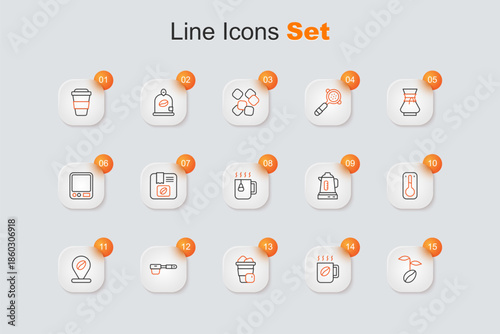 Set line Coffee beans, cup, Iced coffee, filter holder, Location with, thermometer, Electric kettle and Cup tea bag icon. Vector