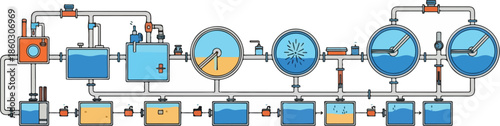 Detailed Diagram of a Complex Industrial Water Treatment and Purification System with Multiple Stages and Tanks.
