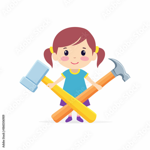 Girl holding hammers, ready to build and create something new.