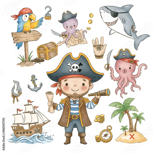 A fun cartoon set of funny pirate characters for kids and families to enjoy during play and holidays