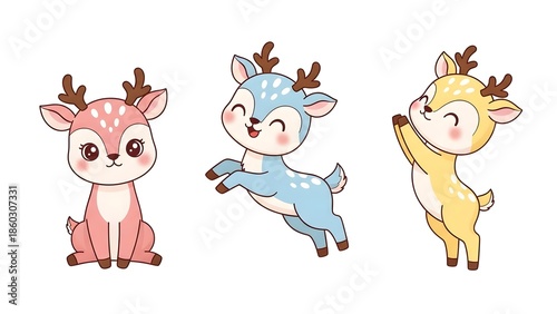 Three cute cartoon deer with different colors and poses against a plain white background.