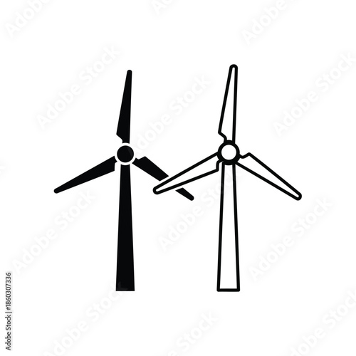 A simple black and white illustration depicting two wind turbines positioned closely together showcasing renewable energy