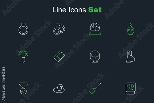 Set line Ancient magic book, Witches broom, hat, Medallion on chain with eye, Rabbit ears, Skull, Circus ticket and Psilocybin mushroom icon. Vector