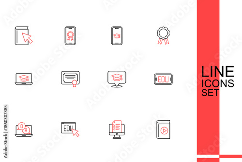 Set line Audio book, Online quiz, test, survey, education, Question and Answer, Graduation cap speech bubble, Certificate template and laptop icon. Vector