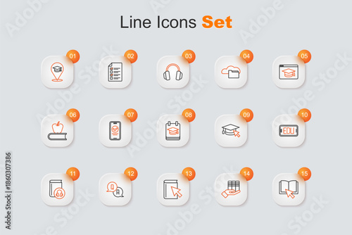 Set line Online book, Book donation, Question and Answer, Audio, education, Graduation cap with cursor and icon. Vector