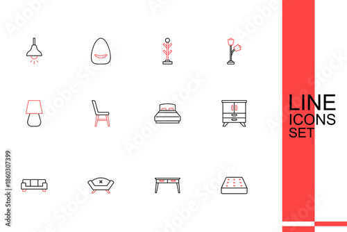 Set line Mattress, Office desk, Sofa, Chest drawers, Big bed, Chair and Table lamp icon. Vector