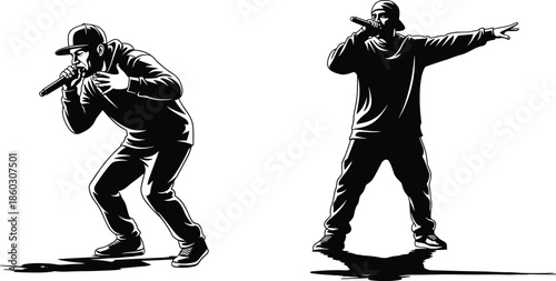 Hip-hop performance silhouette, rap artists with microphones, streetwear vector, black and white illustration, urban music scene, expressive pose, vocal delivery