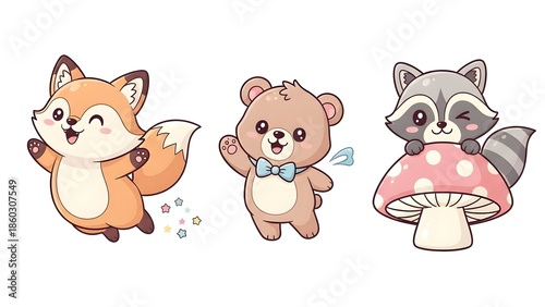 Three cartoon woodland creatures, a fox, bear, and raccoon, standing in a cute composition with a white background and pastel colors.