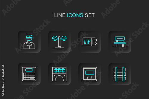 Set line Railway barrier, Ticket office to buy tickets, Bridge for train, Train station board, Waiting hall, traffic light and conductor icon. Vector