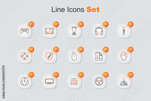 Set line Joystick for arcade machine, Racing simulator, Power button, Computer monitor, mouse, Virtual reality glasses, Case of computer and icon. Vector