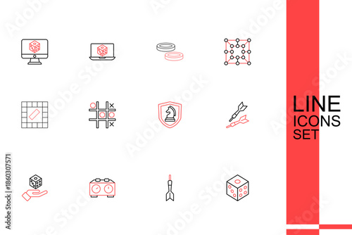 Set line Game dice, Dart arrow, Time chess clock, Chess, Tic tac toe game and Board icon. Vector