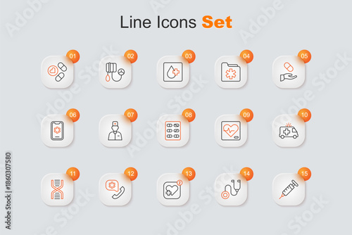 Set line Syringe, Stethoscope, Mobile with heart rate, Emergency call 911, DNA symbol, Ambulance car, Heart and Pills blister pack icon. Vector