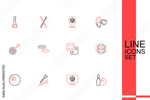 Set line Bowling pin and ball, Game dice, Dart arrow, Billiard pool snooker, Table football, Checker game chips and Classic dart board icon. Vector