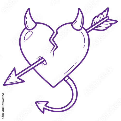 Broken Heart with Devil Horns and Arrow Symbolizing Heartbreak and Love Gone Wrong