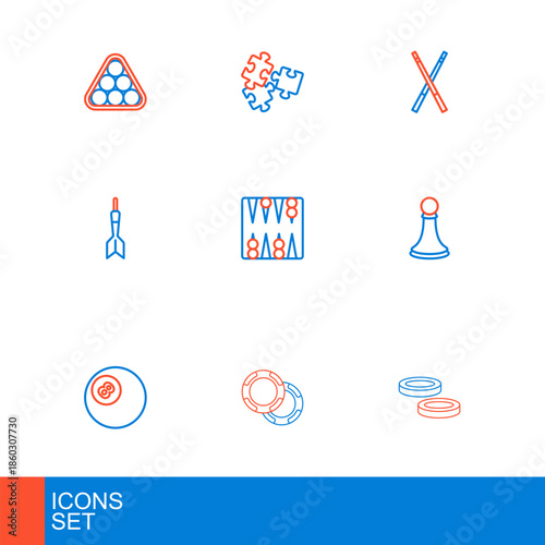 Set line Checker game chips, Casino, Billiard pool snooker ball, Chess pawn, Dart arrow, Backgammon board, Crossed billiard cues and Puzzle pieces toy icon. Vector