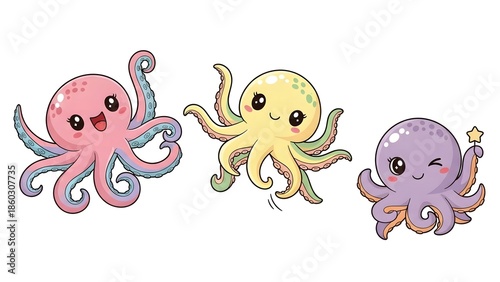 Three cartoon octopuses with smiling faces and colorful tentacles on a white background.