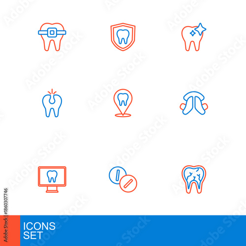 Set line Broken tooth, Toothache painkiller tablet, Online dental care, Dental plate, clinic location, whitening and protection icon. Vector