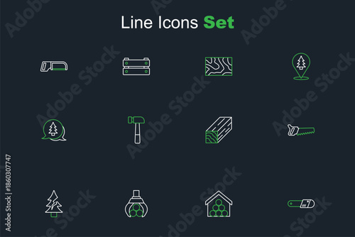 Set line Chainsaw, Wooden logs, Grapple crane grabbed, Tree, Hand, beam, Hammer and icon. Vector