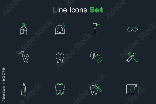 Set line X-ray of tooth, Broken, Tooth, Tube toothpaste, Dental mirror and probe, Toothache painkiller tablet, and drill icon. Vector