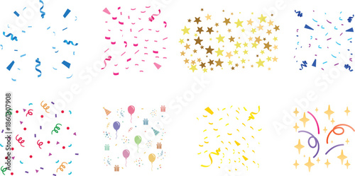 Confetti Background Icon set. Multicolor confetti abstract background with a lot of falling pieces, isolated on a white background. congratulatory background with colored confetti and serpentine.