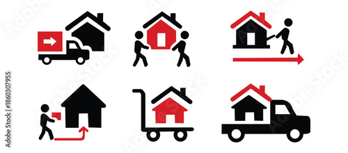Moving house and relocation icon set, house transport and home delivery symbol collection.
