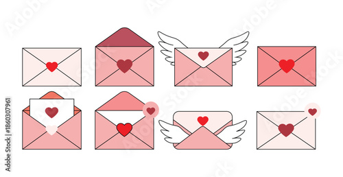 Love Letter Envelope Icons Set – Romantic Message, Heart Mail, Valentine Vector Collection